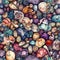 Whimsical seamless pattern with multicolor amusing pebbles and wild flowers. Bright background for textile fabric. Generative AI