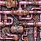 Whimsical seamless pattern with plumbing copper pipes and valves. Repetitive industrial background. Generative AI