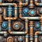 Whimsical seamless pattern with plumbing metal pipes and valves. Repetitive industrial background. Generative AI