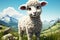 Whimsical sheep character amidst a picturesque, green grassy landscape