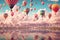 Whimsical Skies: dreamlike panorama featuring an otherworldly sky adorned with fluffy clouds, vibrant hot air balloons