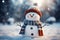 Whimsical snowman with funny expression on textured snowy landscape backdrop