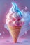 A whimsical soft serve ice cream cone with floating candy against a dreamy pastel backdrop