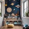 A whimsical space-themed playroom with rocket ship structures, celestial murals, and cosmic decor1