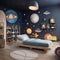 A whimsical space-themed playroom with rocket ship structures, celestial murals, and cosmic decor2