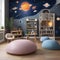 A whimsical space-themed playroom with rocket ship structures, celestial murals, and cosmic decor3