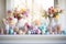 Whimsical Spring Mantelpiece Featuring Delicate Ceramic Bunnies and Colorful Eggs