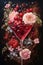 Whimsical still life with red cocktail of berries and flowers on dark background. Close-up oil painting. Generative AI