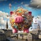 Whimsical and surreal image of a giant piggy bank towering over the picturesque cityscape of Edinburgh, Scotland