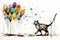 Whimsical tabby cat playfully engages with vibrant balloons in a captivating watercolor artwork