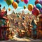 Whimsical town filled with balloons