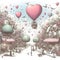 Whimsical Town with Heart-Shaped Hot Air Balloon and Floating Hearts