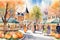 Whimsical Town Square Extravaganza: Watercolor Illustration Simultaneously Celebrating Easter, Halloween, and Christmas