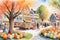 Whimsical Town Square Extravaganza: Watercolor Illustration Simultaneously Celebrating Easter, Halloween, and Christmas
