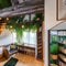 A whimsical treehouse-inspired loft bedroom with a spiral slide, fairy lights, and tree-shaped bookshelves3, Generative AI