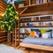 A whimsical treehouse-inspired loft bedroom with a spiral slide, fairy lights, and tree-shaped bookshelves5, Generative AI