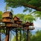 A whimsical treehouse village nestled in a majestic forest, connected by suspension bridges1, Generative AI