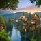 A whimsical treehouse village nestled in a majestic forest, connected by suspension bridges2, Generative AI