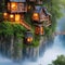 A whimsical treehouse village nestled in a majestic forest, connected by suspension bridges3, Generative AI