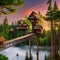 A whimsical treehouse village nestled in a majestic forest, connected by suspension bridges5, Generative AI