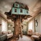 A whimsical upside-down house with furniture attached to the ceiling, defying gravity and expectations