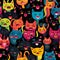 Whimsical and vibrant seamless pattern showcasing a delightful assortment of happy and playful cats