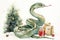 Whimsical Watercolor Christmas Snake with Festive Tree and Gifts