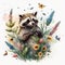 A whimsical watercolor drawing of a happy little raccoon