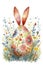 Whimsical Watercolor Easter Egg with Bunny Ears in Floral Meadow