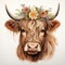 Whimsical Watercolor Highland Cow with Flower Crown Clipart on White Background AI Generated