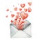 A whimsical watercolor illustration showing a flurry of red hearts floating out from an envelope, a charming design