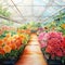 Whimsical watercolor painting showcasing vibrant diversity of colors in greenhouses and nurseries