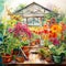 Whimsical watercolor painting showcasing vibrant diversity of colors in greenhouses and nurseries