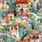 Whimsical watercolor seamles pattern with cartoon medieval country. Texture design with castles, towers and nature for gift wrap.