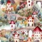 Whimsical watercolor seamles pattern with countryside houses. Intricate background with houses and flowers for textile fabric.