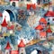 Whimsical watercolor seamles pattern with medieval castles and bridges. Ornate detailed wallpaper, texture design for gift wrap.