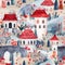 Whimsical watercolor seamles pattern with medieval houses. Intricate background with towers and flowers, texture design for gift