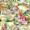 Whimsical watercolor seamless pattern with elven houses. Fantasy background with fairytale country, fairy houses for gift wrap.