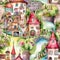 Whimsical watercolor seamless pattern with elven houses. Intricate background with fairyland, fairy houses for textile fabric.