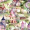 Whimsical watercolor seamless pattern with fairy houses. Fantasy background with fairyland, elven houses for gift wrap. Generative