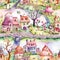 Whimsical watercolor seamless pattern with fairy houses. Fantasy background with fairytale country, elven houses for gift wrap.
