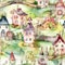 Whimsical watercolor seamless pattern with fairy houses. Intricate background with fairyland, elven houses for textile fabric.