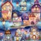 Whimsical watercolor seamless pattern with fairy houses. Intricate background with fairytale country, elven houses for textile