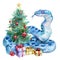 Whimsical Watercolor of Snake Celebrating Christmas with Festive Tree and Gifts