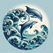 Whimsical wave pattern with playful dolphins leaping, photorea
