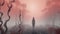 Whimsical White Girl In Red Coat: Surreal 3d Landscapes And Hazy Coral Fog