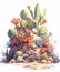 Whimsical Wilderness: Cartoon Depiction of a Vibrant Wasteland, Featuring Colorful Cactus