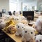 Whimsical Workspace: Stuffed Animals Adorn Desk in Vibrant Office Setting
