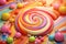 In whimsical world of candy land, rainbow of gummy candies, lollipops, and caramels melt into sweet, striped fantasy, creating