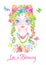 Whimsical young girl portrait with pink round glasses, blooming flower hair and cute ears decorated with floral ornament